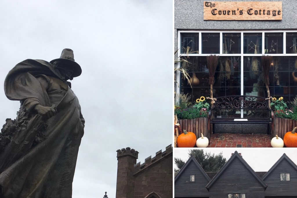 Personal Visit To Salem Massachussets Witch Village: Everything You Need to Know! A collage featuring three scenes from Salem, Massachusetts. The left image displays a bronze statue of a Puritan figure on a stone base, with a historic church in the background under a cloudy sky. The top right image shows the storefront of 'The Coven’s Cottage,' decorated with pumpkins, corn stalks, and brooms. The bottom right image captures a historic dark gray house with steep gables, a stone walkway, and a wreath on the front door.