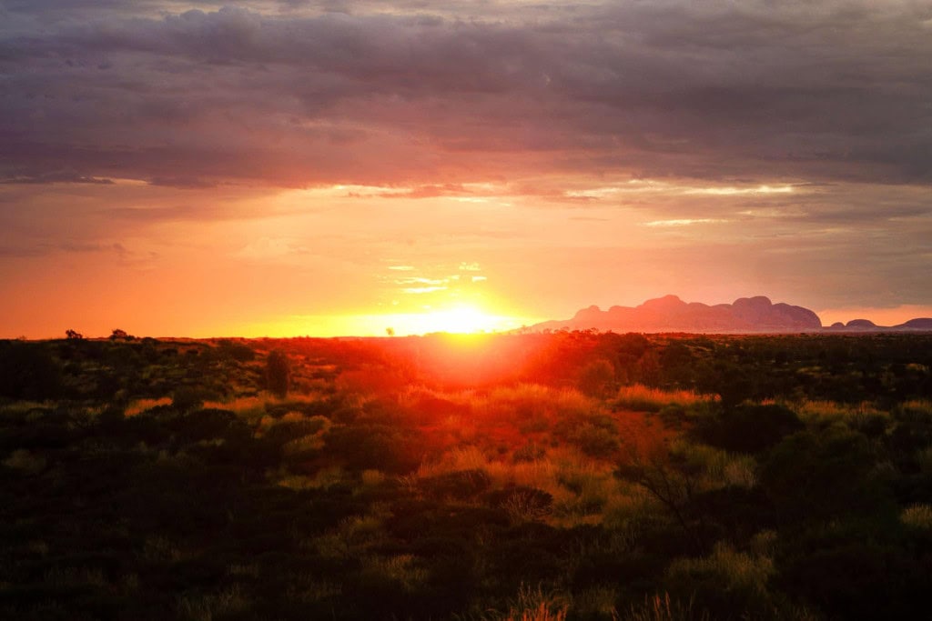 Vibrant sunset over a sprawling desert landscape, with golden light illuminating the vegetation and silhouetted mountain ranges in the distance under a partly cloudy sky.