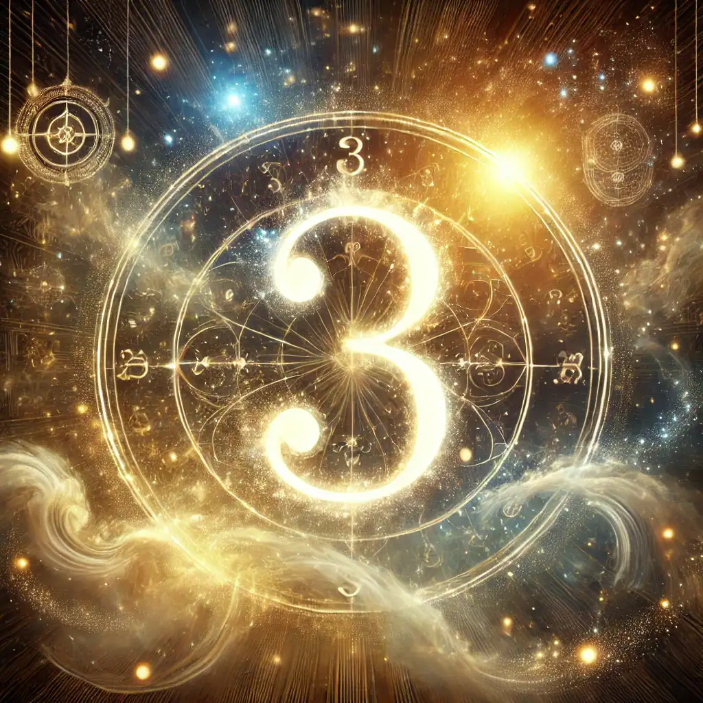 Numerology Website with FREE Accurate Calculator! Image of a glowing, mystical number 3 surrounded by cosmic energy, golden light, and intricate celestial symbols. Image used for the article numerology and the number 3.