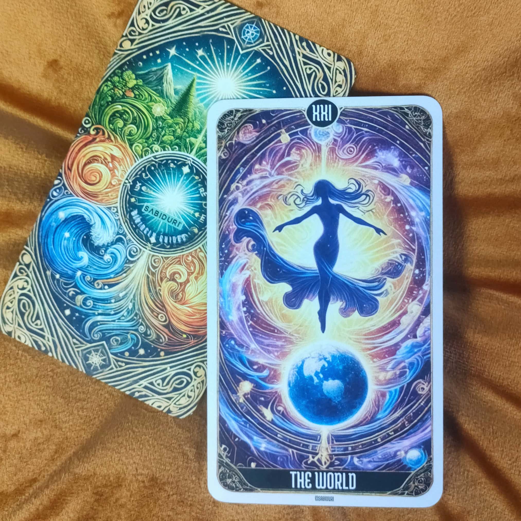 Tarot Card Meanings List: All Complete 78 Cards A vibrant tarot card featuring a silhouette of a figure dancing in the center, surrounded by swirling cosmic energy. The Earth floats beneath them, representing completion, unity, and the culmination of a journey. The card radiates with an aura of fulfillment and balance.