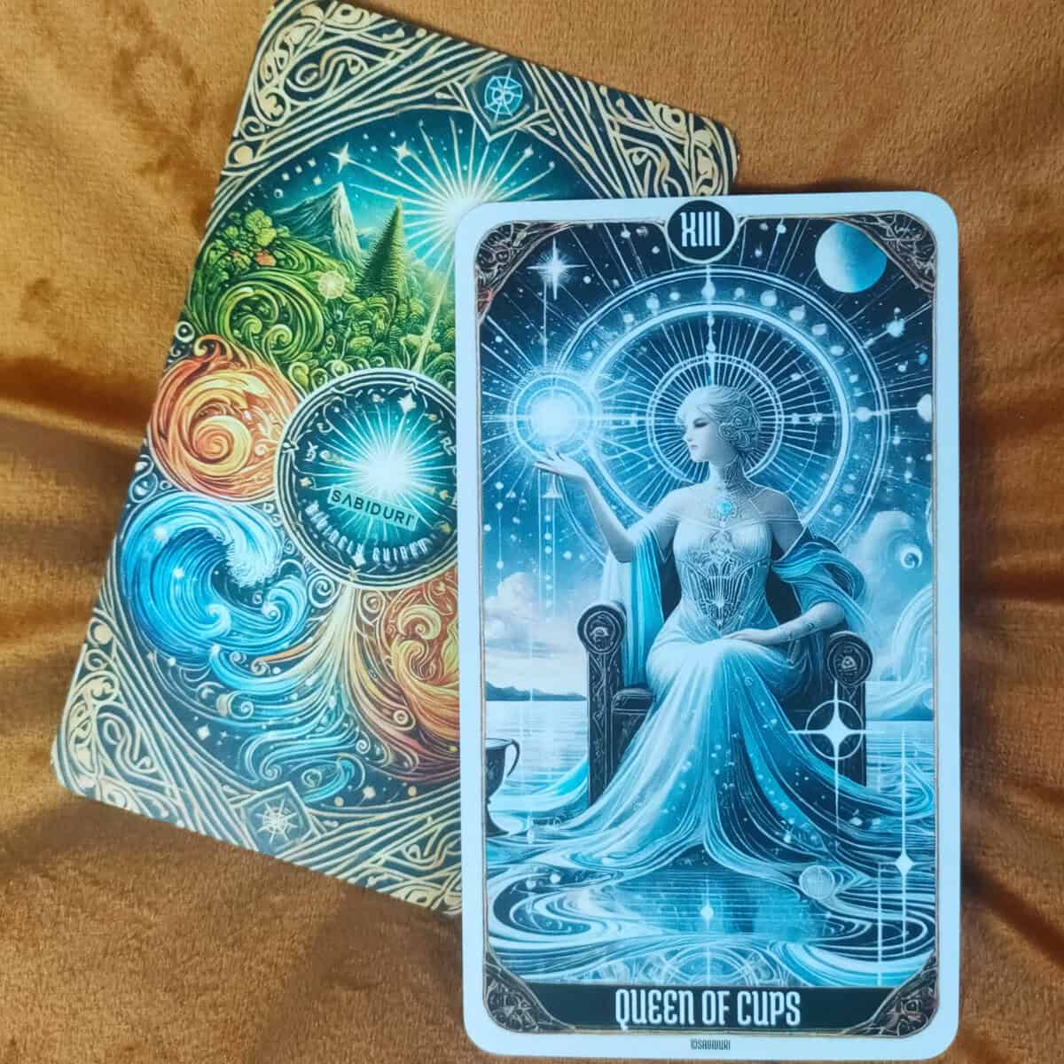 Tarot Card Meanings List: All Complete 78 Cards A serene tarot card depicting a graceful figure sitting on a throne, holding a cup, surrounded by a cosmic atmosphere. The card represents intuition, empathy, and emotional depth.