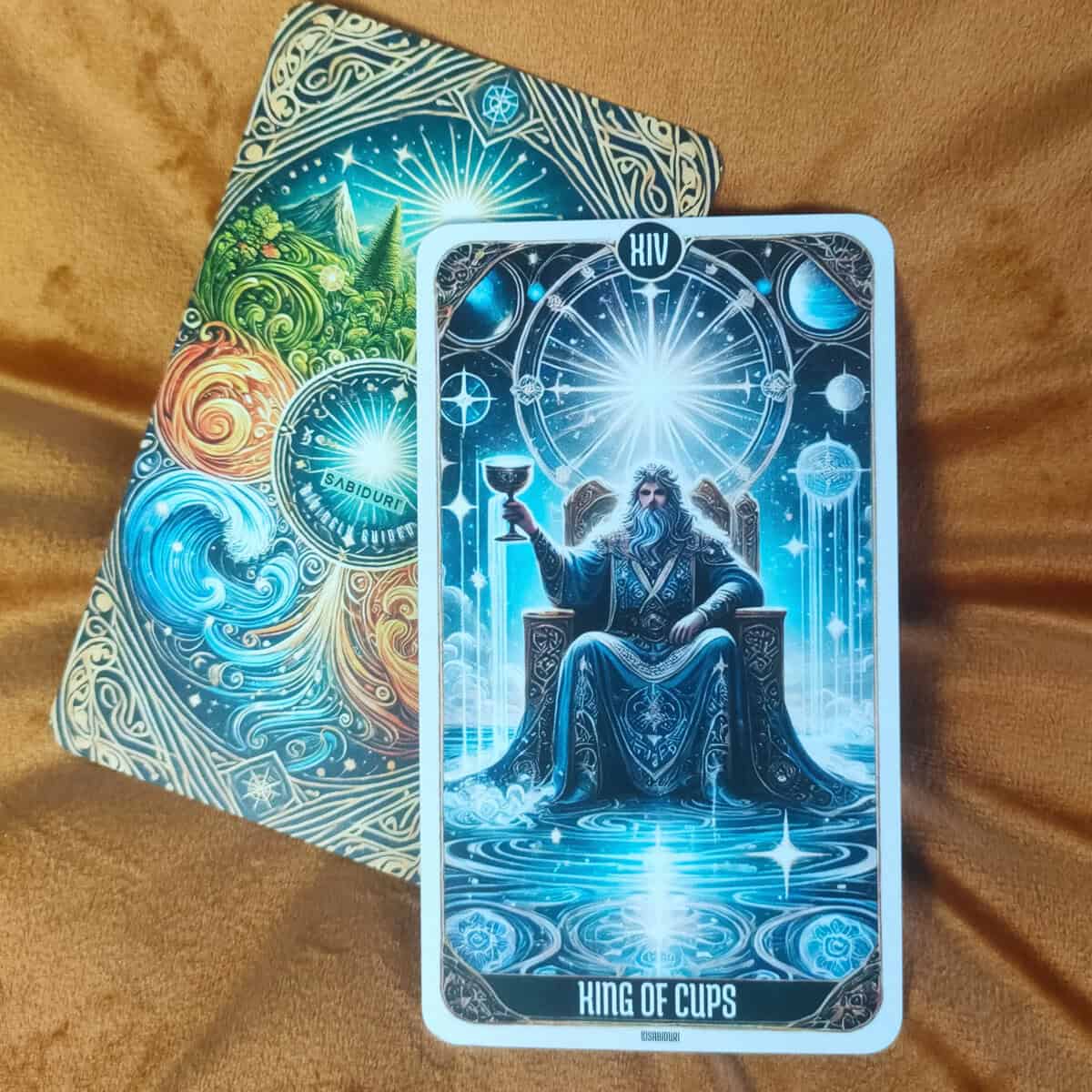 Tarot Card Meanings List: All Complete 78 Cards A regal tarot card featuring a wise, elderly figure seated on a throne with a cup in hand. The background is filled with cosmic energy, representing emotional mastery, wisdom, and balance.