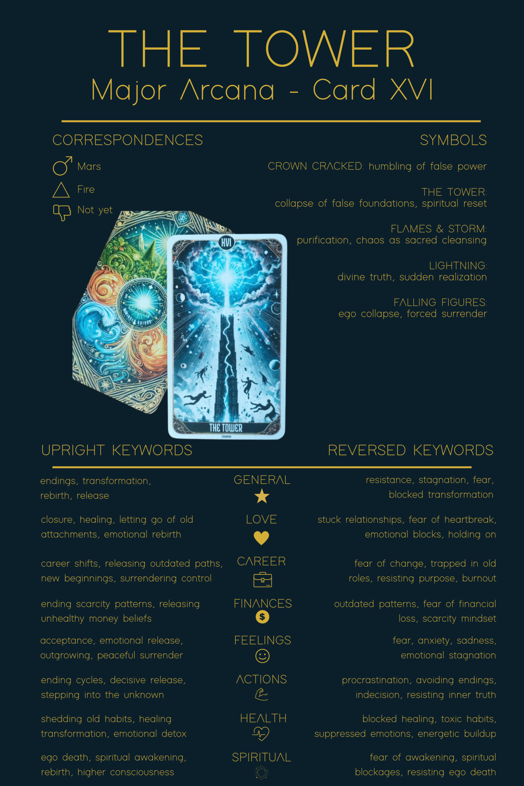 Infographic of The Tower Tarot Cheat Sheet. The Tower tarot card is displayed with upright keywords such as endings, transformation, rebirth, release, and reversed meanings like resistance, fear, and blocked transformation. Symbols include Crown Cracked, The Tower, Flames & Storm, Lightning, and Falling Figures. Correspondences: Mars, Fire.