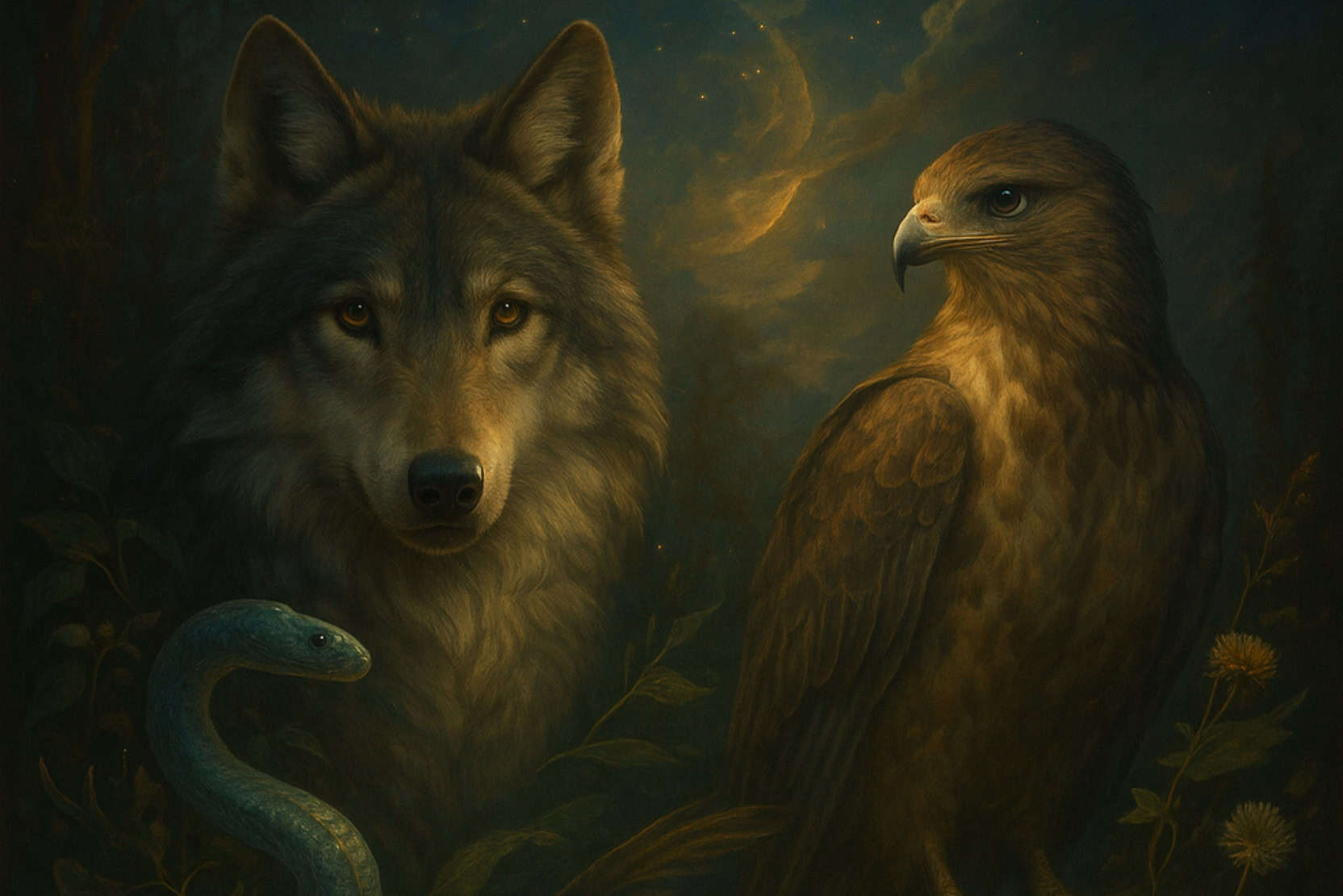 Mystical digital artwork representing the spirit animal for March, featuring a wolf, falcon, and snake in a dreamy forest landscape symbolizing renewal and rebirth