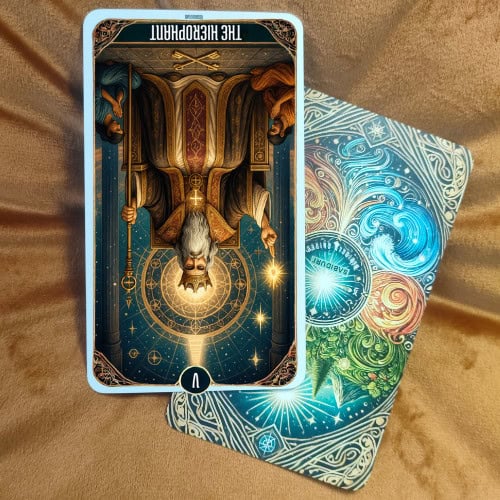 The Hierophant tarot card reversed, displaying the same spiritual figure upside down, symbolizing rebellion, non-conformity, or rejection of traditional beliefs. The cosmic mandala and spiritual symbols remain, but the inversion suggests breaking away from conventional structures or questioning established rules. This image represents the reversed meaning of The Hierophant tarot card as discussed in the blog post, focusing on personal freedom, challenging authority, and spiritual independence.