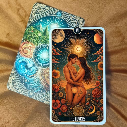 Major Arcana Meanings: A Complete Guide to Tarot’s Most Powerful Cards The Lovers tarot card upright, showing a man and woman facing each other, each holding a glowing orb that connects them with light. They are dressed in elegant red garments, surrounded by blooming flowers, celestial bodies, and planets in the starry sky. Above them radiates a powerful sun with moon and star symbols, representing harmony, love, unity, and divine connection. This image reflects the upright meaning of The Lovers tarot card, symbolizing relationships, choices, harmony, deep connections, and alignment with one's higher self as explained in the blog post.