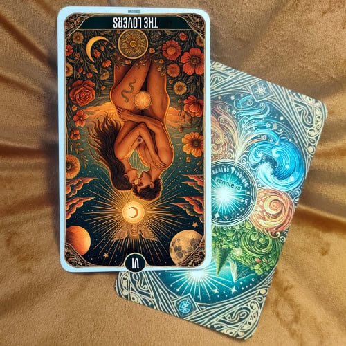 The Lovers tarot card reversed, displaying the same couple upside down, symbolizing disharmony, misalignment, difficult choices, or conflict in relationships. The cosmic background of stars, flowers, planets, and the radiant sun remain, but the inversion emphasizes imbalance, separation, or challenging decisions. This image represents the reversed meaning of The Lovers tarot card as discussed in the blog post, focusing on relationship struggles, inner conflict, or unbalanced partnerships.