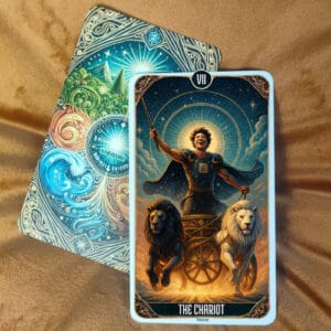 77 Angel Number Meaning: Spiritual Awakening, Love, Twin Flames & Divine Alignment The Chariot tarot card upright, showing a strong armored figure standing confidently on a chariot pulled by two powerful lions, one black and one white, symbolizing duality and control over opposing forces. Behind the chariot shines a bright circular cosmic portal filled with blue light, stars, and geometric patterns, representing willpower, determination, and forward movement. The night sky is filled with celestial symbols, reinforcing a sense of divine guidance and cosmic alignment. This image reflects the upright meaning of The Chariot tarot card, representing victory, determination, self-control, and successfully overcoming obstacles, as explained in the blog post.