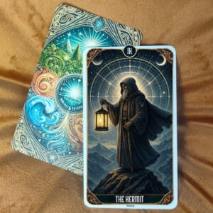 Angel Number 99 Meaning: The Spiritual Ending You Can’t Ignore The Hermit tarot card upright, showing a cloaked figure standing alone on a mountain peak, holding a glowing lantern in one hand to light the way. The background features towering mountains under a cosmic night sky filled with stars, moons, and sacred geometric light patterns, symbolizing introspection, solitude, and spiritual guidance. The figure’s posture reflects wisdom, inner searching, and the journey toward enlightenment. This image represents the upright meaning of The Hermit tarot card, symbolizing inner reflection, wisdom, solitude, spiritual search, and personal truth as explained in the blog post.