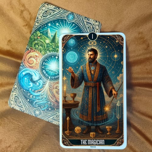 Major Arcana Meanings: A Complete Guide to Tarot’s Most Powerful Cards The Magician tarot card upright, showing a man in a royal blue and gold robe standing under a cosmic sky filled with celestial symbols and geometric patterns. He holds a wand in one hand while his other hand gestures toward magical floating spheres, symbolizing the connection between the spiritual and physical realms. On the table beside him are a candle, books, and crystals, representing the tools and elements of manifestation. This image illustrates the upright meaning of The Magician tarot card, reflecting power, manifestation, focus, and alignment with the universe, as discussed in the blog post.