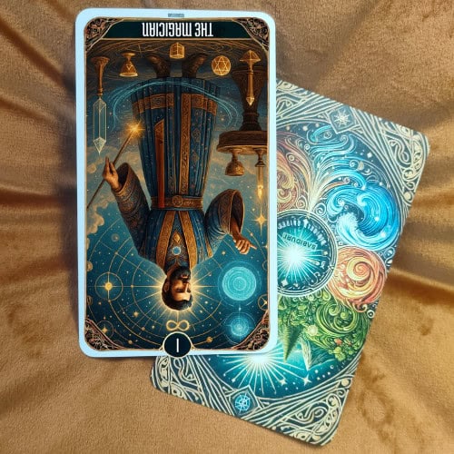 The Magician tarot card reversed, displaying the same mystical figure now upside down, indicating blocked energy, manipulation, or misuse of power. The cosmic background and magical elements remain present but suggest disconnection or imbalance when reversed. This image relates to the reversed interpretation of The Magician tarot card explored in the blog post, highlighting deception, confusion, or untapped potential.