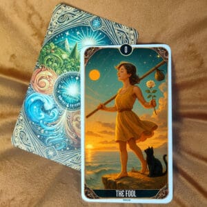 Angel Number 00 Meaning — What Is 00 Trying to Tell Me? The Fool tarot card upright, showing a young traveler with a backpack and walking stick, standing on a cliff under a bright sky with the sun and stars. This image represents the beginning of a spiritual journey, innocence, and new opportunities, as discussed in the blog post about The Fool tarot card meanings.