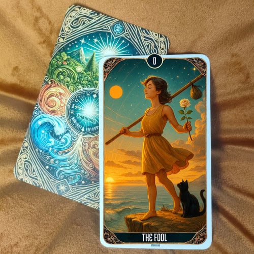 Major Arcana Meanings: A Complete Guide to Tarot’s Most Powerful Cards The Fool tarot card upright, showing a young traveler with a backpack and walking stick, standing on a cliff under a bright sky with the sun and stars. This image represents the beginning of a spiritual journey, innocence, and new opportunities, as discussed in the blog post about The Fool tarot card meanings.