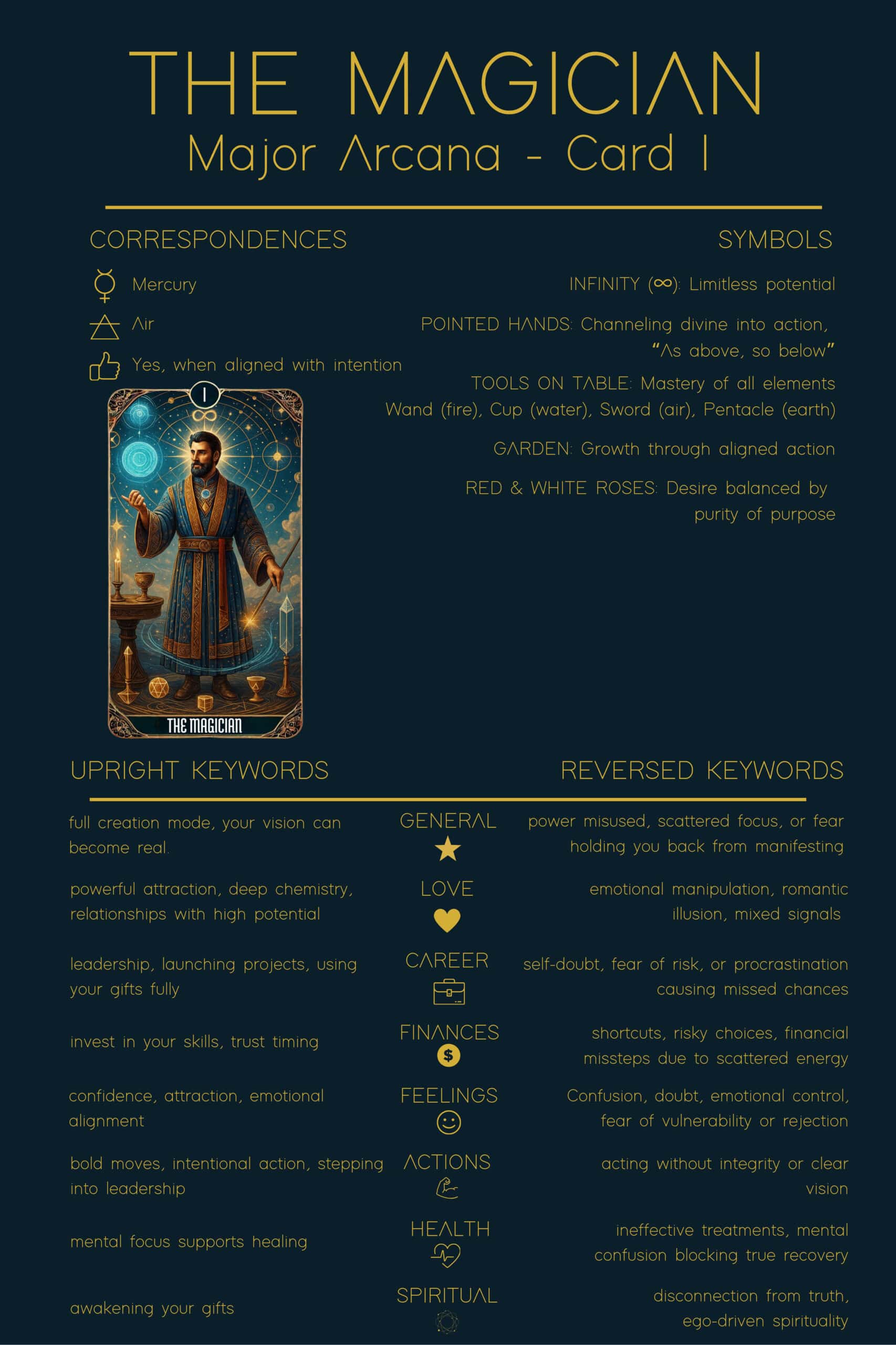 The Magician Tarot Cheat Sheet. Image of The Magician tarot card with surrounding information. Shows correspondences like Mercury, Air, and Yes when aligned with intention. Symbols include infinity, pointed hands, four elemental tools, garden, and red and white roses. Upright keywords include creation, powerful attraction, leadership, and emotional alignment. Reversed keywords list power misuse, emotional manipulation, procrastination, and ego-driven spirituality.