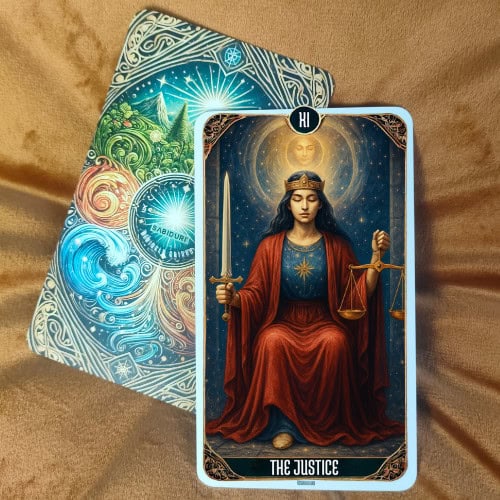 Major Arcana Meanings: A Complete Guide to Tarot’s Most Powerful Cards The Justice tarot card upright, showing a regal figure seated on a throne, wearing intricate armor and holding a sword in one hand and balanced scales in the other. The figure’s eyes are covered with a blindfold, symbolizing impartiality and fairness. Behind the throne is a radiant cosmic background filled with stars, geometric patterns, and celestial symbols, emphasizing truth, balance, and universal law. This image reflects the upright meaning of The Justice tarot card, symbolizing fairness, truth, law, karmic balance, and ethical decision-making as explained in the blog post.