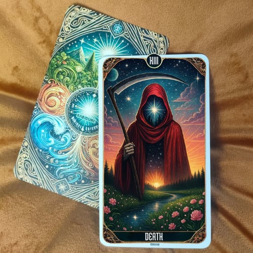 The Death Tarot Card Meaning - 13 Major Arcana Tarot Card Meanings The Death tarot card upright, showing a dark cloaked figure holding a scythe, standing on a winding path that leads into a bright sunrise, symbolizing transformation, endings, and new beginnings. The background features soft clouds, cosmic stars, blooming pink flowers, and radiant beams of light breaking through the sky, representing rebirth, transition, and spiritual renewal. This image reflects the upright meaning of The Death tarot card, symbolizing transformation, endings, renewal, and personal growth, as explained in the blog post.