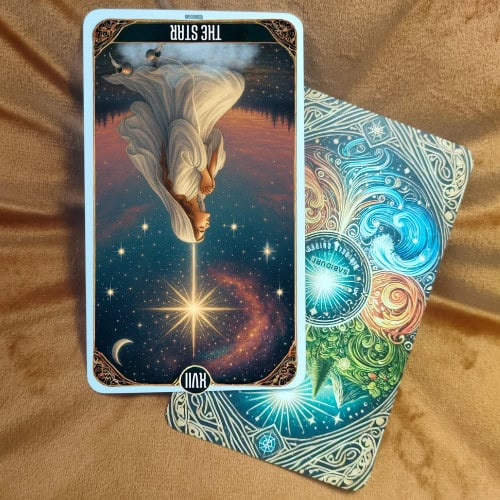 Image of The Star Tarot Card in reversed position. The same woman in a white gown appears upside down, pouring water from a jug as stars, clouds, and cosmic elements fill the background. The large central star glows, while the entire image is flipped, symbolizing blocked hope, lost direction, or inner disconnection. The card lies on a detailed multicolored patterned surface.