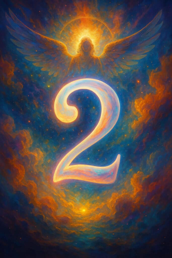 Why You Keep Seeing Angel Number 2 Everywhere A glowing number 2 surrounded by cosmic clouds of orange, blue, and purple, with an angelic figure radiating golden light above it. Symbolizes the spiritual guidance of Angel Number 2.