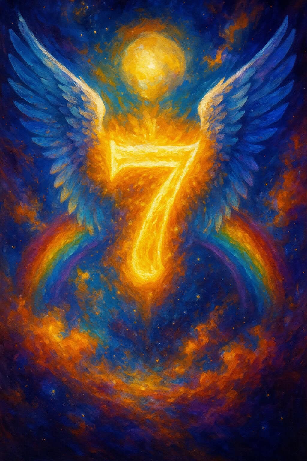 A radiant golden number 7 with angel wings and rainbows glowing in a starry sky, symbolizing spiritual awakening and blessings of angel number 7.