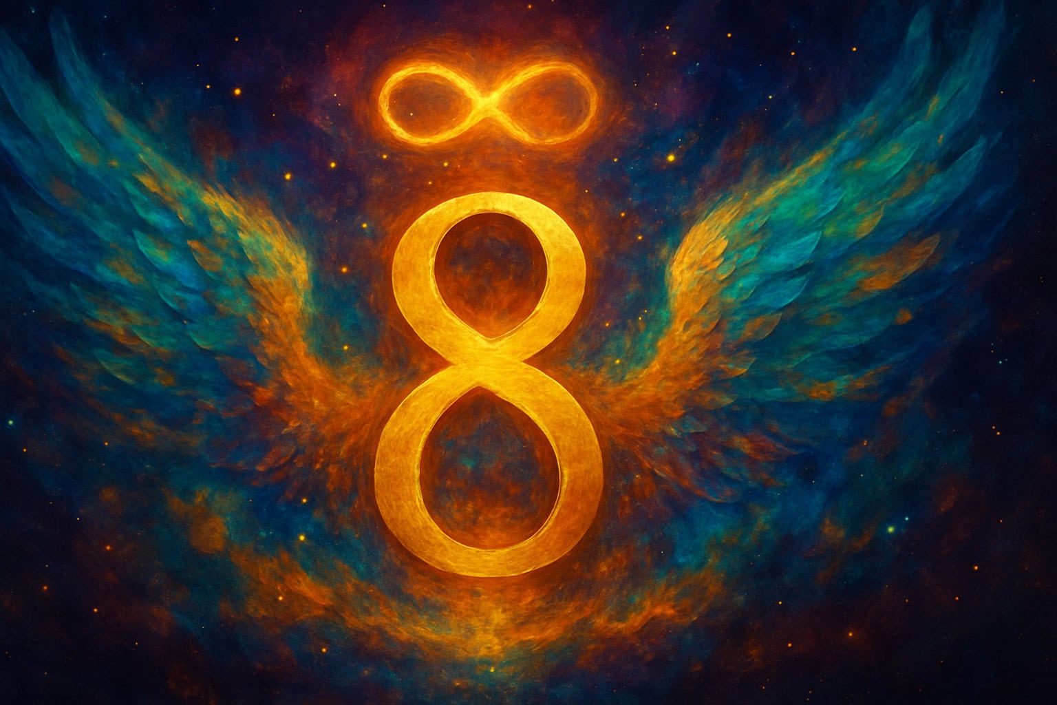 Golden number 8 with glowing wings and infinity symbol above, set in a cosmic sky of blue, orange, and stars—symbolizing the spiritual energy of Angel Number 8.
