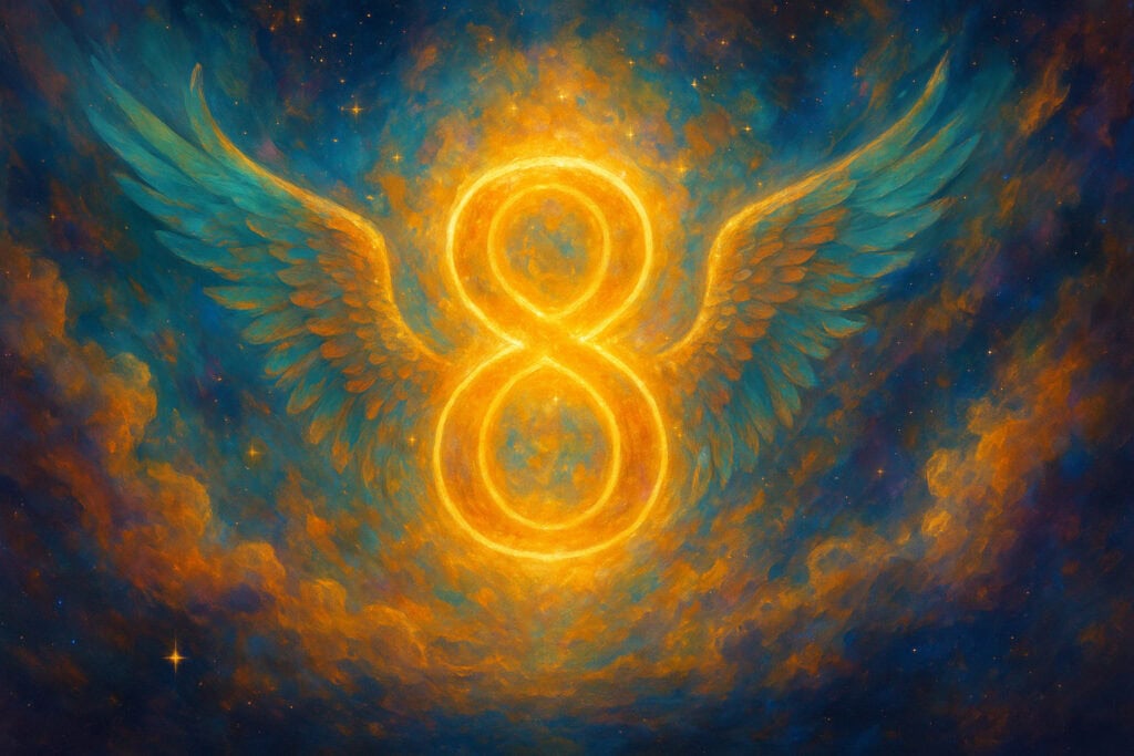 Why You Keep Seeing Angel Number 8 Everywhere? Golden number 8 with turquoise wings radiating through a swirling galaxy of fiery orange and deep blue, symbolizing abundance and balance in Angel Number 8.