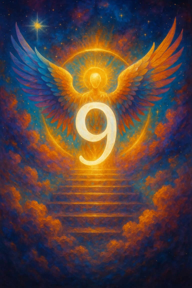 A glowing angel with radiant wings stands in golden light, holding the number 9 above heavenly steps, symbolizing completion and higher wisdom. Angel numbers 9 meaning captured in divine imagery.