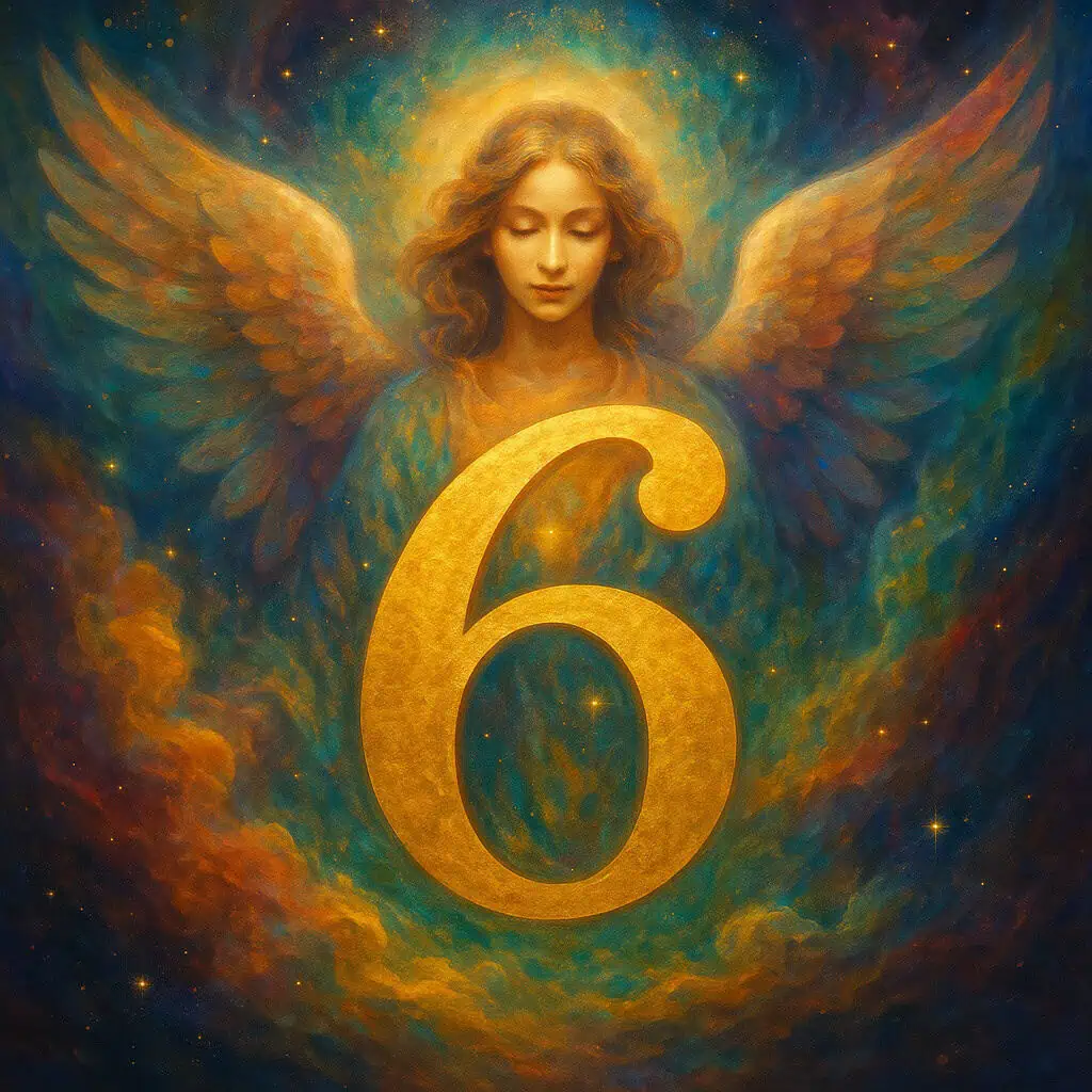 A golden number 6 glowing in front of an angel with soft wings, symbolizing the spiritual meaning of Angel Number 6 as balance and harmony.