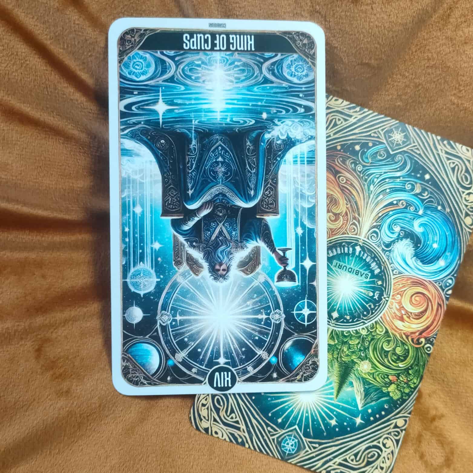 The King of Cups tarot card shown reversed on a soft brown fabric background. The illustration depicts a bearded king seated on a throne surrounded by cosmic and water imagery. In its reversed position, the card reflects themes of instability, repression, and manipulation.