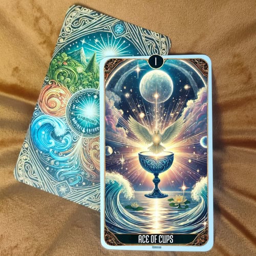 Photo of the Ace of Cups tarot card in upright position, showing a glowing chalice overflowing with water beneath a starry sky and moon. Used as an example of the upright Ace of Cups tarot card meaning.