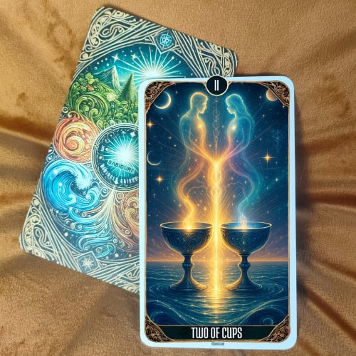 Tarot Card Meanings List: All Complete 78 Cards A tarot card of the Two of Cups upright, depicting two glowing chalices facing each other with cosmic energy between them. This reflects the Two of Cups upright meaning, representing harmony, love, and mutual connection.