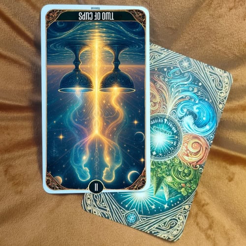 A tarot card of the Two of Cups in reversed position, showing two upside-down chalices glowing with cosmic light. This image illustrates the reversed Two of Cups meaning, symbolizing disharmony or imbalance in relationships.