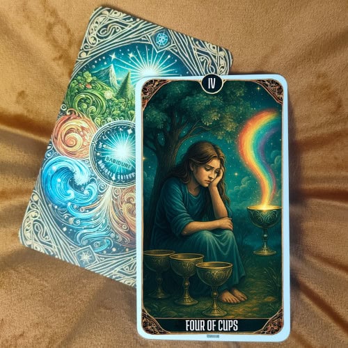 Tarot Card Meanings List: All Complete 78 Cards A tarot card showing the Four of Cups upright, featuring four illuminated chalices in a starry blue sky. This image supports the article on the Four of Cups tarot meaning, representing the card’s symbolism of reflection and missed opportunities.