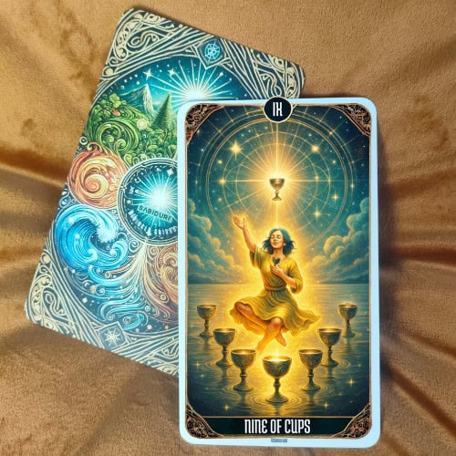 Tarot Card Meanings List: All Complete 78 Cards The Nine of Cups tarot card from the Sabiduri deck, featuring a meditating figure seated before nine silver cups under a cosmic sky of radiant blue light and circular patterns. This upright version reflects the card’s meaning of emotional abundance, gratitude, and dreams fulfilled.