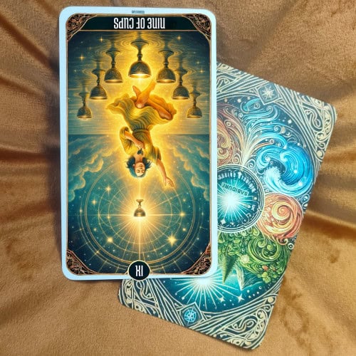 Nine of Cups Tarot Card Meaning - Minor Arcana Tarot Card Meanings The Nine of Cups tarot card from the Sabiduri deck shown in reversed position, with the figure and cups turned upside down under the same cosmic blue sky. This reversed imagery symbolizes the card’s meaning of dissatisfaction, misaligned desires, and surface-level success that feels empty.