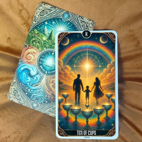 A photo of the Ten of Cups tarot card in the upright position, placed on top of another Sabiduri card with elemental designs. The artwork shows ten blue cups aligned above a flowing river and radiant sky, symbolizing blessings, love, and shared happiness. This card reflects the Tarot Ten of Cups meaning of emotional fulfillment, harmony, and homecoming.