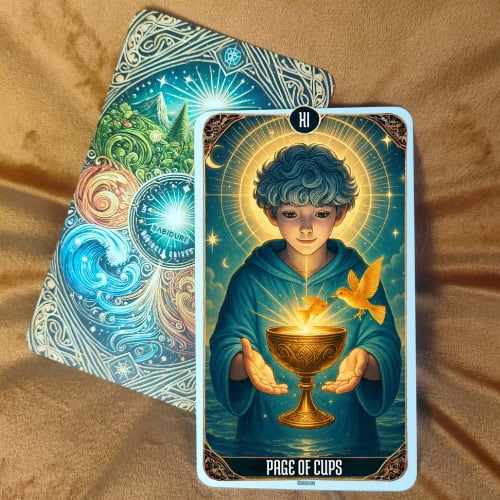 Tarot Card Meanings List: All Complete 78 Cards A physical tarot card of the Page of Cups shown upright. The card depicts a youthful figure holding a radiant golden cup with a small fish jumping beside it, set against a background of stars and light. This image represents the upright Page of Cups, a symbol of creativity, intuitive messages, and emotional beginnings.