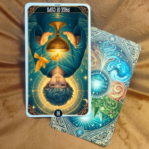 Page of Cups Tarot Card Meaning - Minor Arcana Tarot Card Meanings A physical tarot card of the Page of Cups shown in reversed position. The illustration features a young figure with blue hair and a glowing golden cup, with a small fish nearby, symbolizing intuition and unexpected inspiration. This photo illustrates how the Page of Cups looks when drawn reversed in a tarot reading.