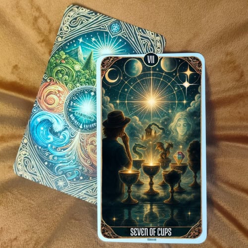 Tarot Card Meanings List: All Complete 78 Cards Photograph of the Seven of Cups tarot card upright, placed on a brown fabric background with another decorative card back beside it. The artwork shows seven glowing cups reflected on water beneath a radiant cosmic design with moons and stars. This image represents the upright Seven of Cups meaning, highlighting themes of opportunities, visions, and the challenge of illusion