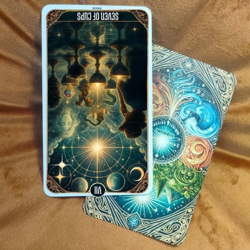 Tarot Seven of Cups Card Meaning - Minor Arcana Tarot Card Meanings Photograph of the Seven of Cups tarot card in reversed position, resting on a brown fabric background next to a decorative card back. The artwork features seven glowing cups against a cosmic sky, but turned upside down to illustrate the reversed Seven of Cups meaning — illusions fading, clarity emerging, and the need for decisive choices.