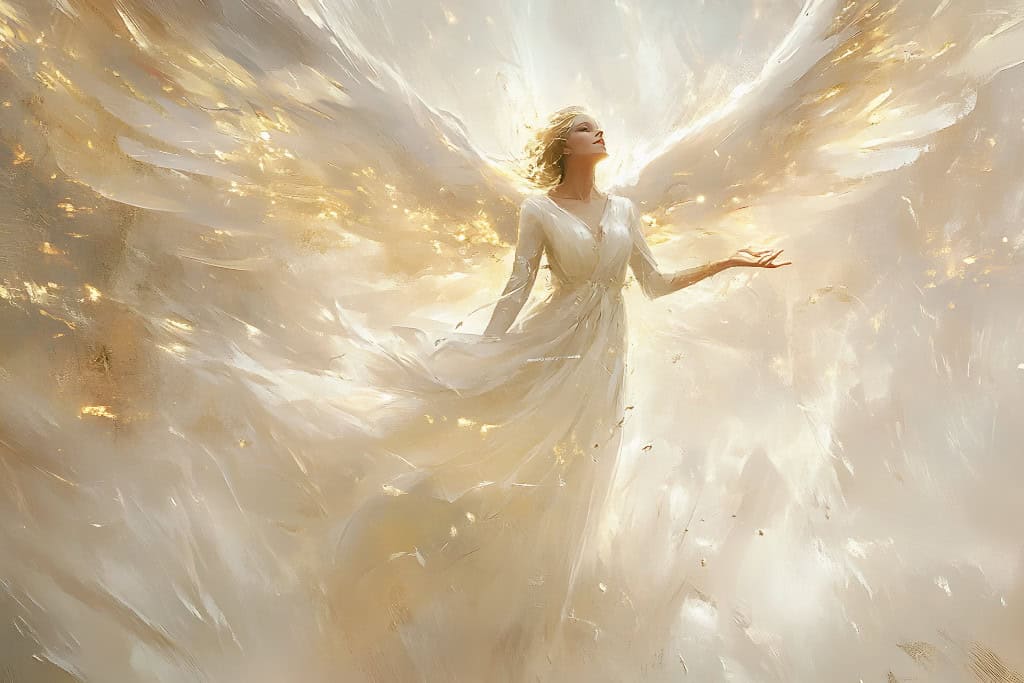 Angel Number 0 Meaning: What It Reveals About Your Path A radiant angelic figure dressed in white stands in glowing golden light with vast wings spread open, symbolizing the divine energy and awakening of Angel Number 0.