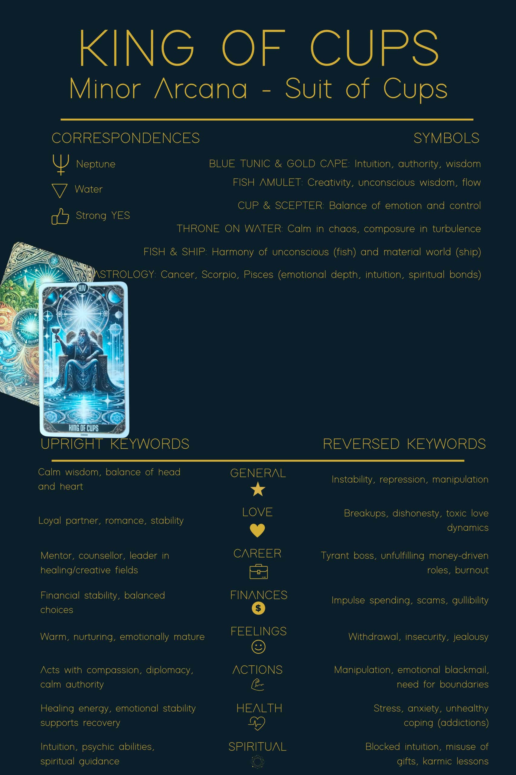 A King of Cups tarot cheat sheet showing correspondences, symbols, upright keywords, and reversed keywords. The design includes icons for general, love, career, finances, feelings, actions, health, and spiritual meanings, helping readers quickly understand the symbolism and interpretations of the King of Cups.