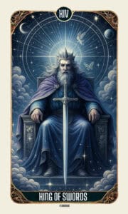 Alt text: Detailed King of Swords tarot meaning illustration featuring a bearded king in blue robes, holding a sword upright before a radiant cosmic sky symbolizing clarity and wisdom.