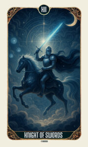 Knight of Swords Tarot Meaning - Minor Arcana Tarot Card Meanings A detailed close-up of the Knight of Swords tarot card artwork, showing a knight in armor on a galloping horse beneath a crescent moon. The glowing sword and swirling clouds emphasize the Knight of Swords tarot meaning: intellect in motion, determination, and decisive energy.