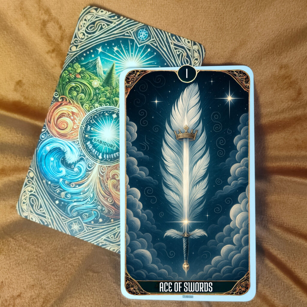 The Ace of Swords tarot card upright on a golden cloth, featuring a glowing sword rising from a white feather surrounded by swirling clouds and stars. Symbolizes clarity, truth, and mental breakthroughs in the Ace of Swords tarot card meaning.
