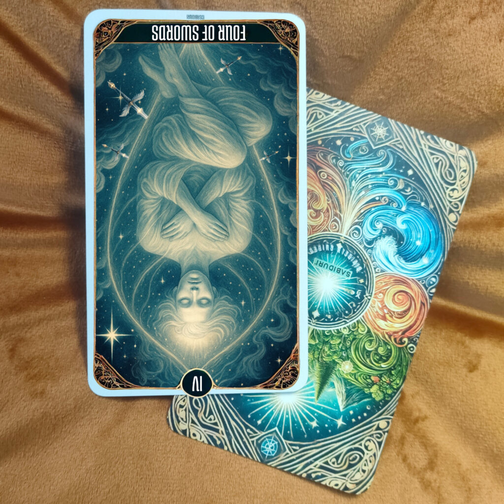 Reversed Four of Swords tarot card meaning — depicts awakening from rest, showing a need to balance recovery and re-engagement after burnout or tension.