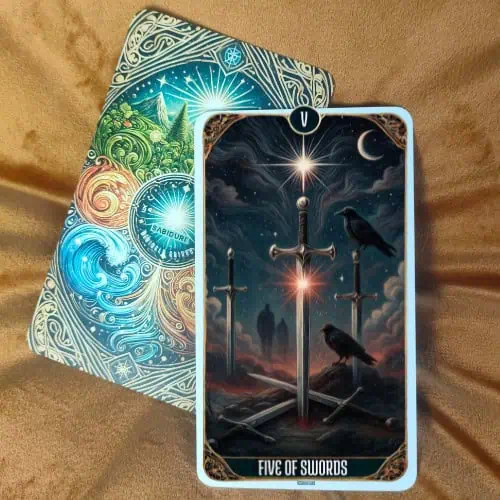 Tarot Card Meanings List: All Complete 78 Cards Tarot card of the Five of Swords showing three upright swords and two fallen ones under a cloudy night sky with crows, symbolizing conflict, ego, and the lessons of the Five of Swords tarot meaning.