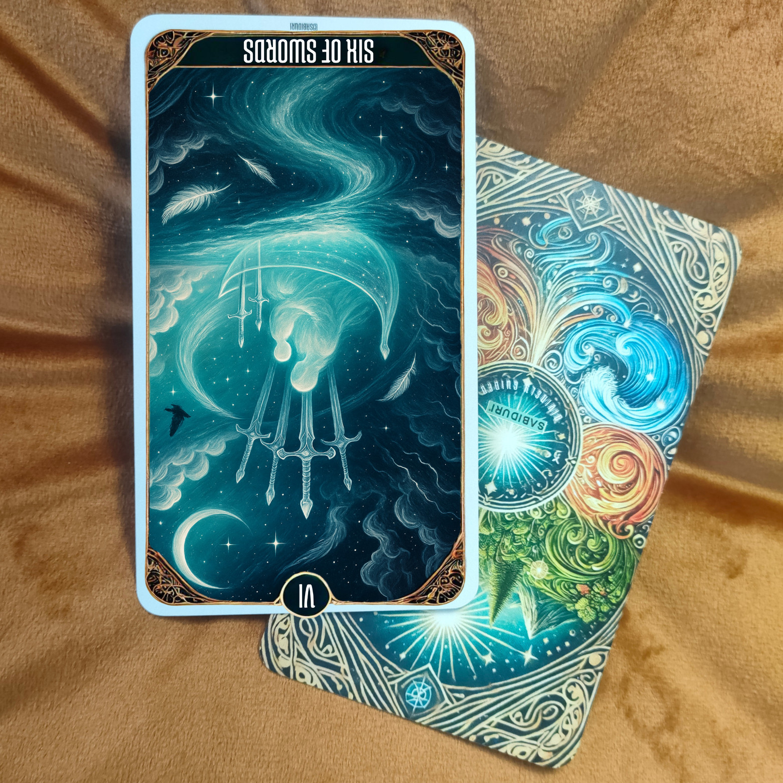 A reversed Six of Swords tarot card showing a celestial boat floating through swirling blue skies and stars, symbolizing emotional resistance and inner healing delays. Perfect for illustrating the reversed Six of Swords tarot meaning.