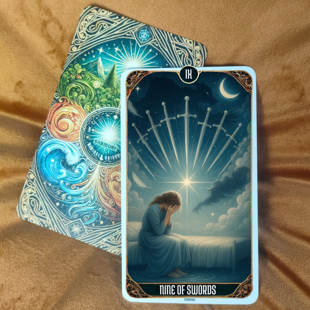 Nine of Swords Tarot Meaning - Minor Arcana Tarot Card Meanings Nine of Swords tarot meaning card upright, featuring a woman covering her face beneath nine swords, reflecting overthinking, fear, and the journey toward light and awareness.