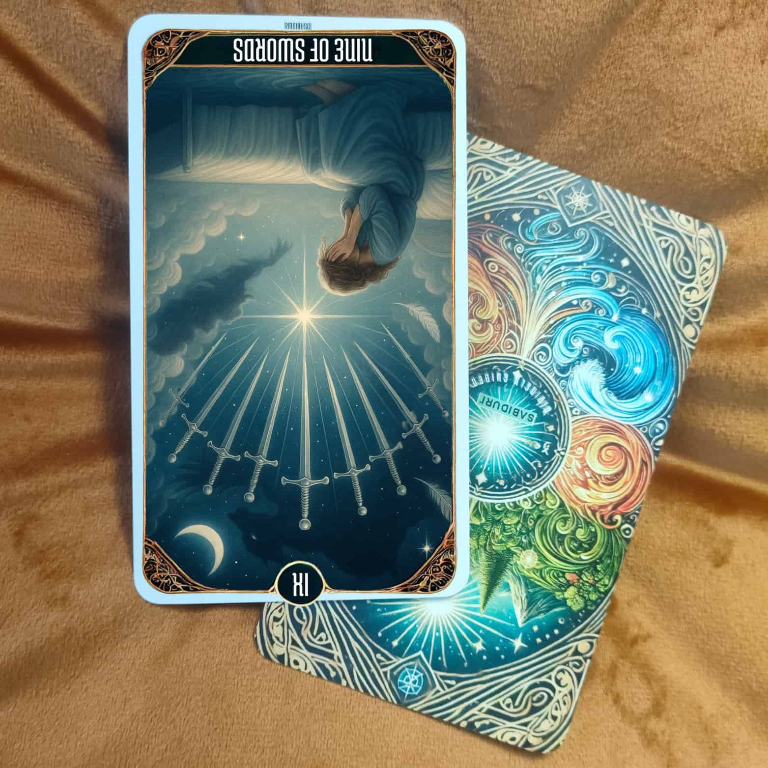 Nine of Swords Tarot Meaning - Minor Arcana Tarot Card Meanings Reversed Nine of Swords tarot meaning card placed on Sabiduri deck, representing release of anxiety, healing, and recovery after emotional struggle.