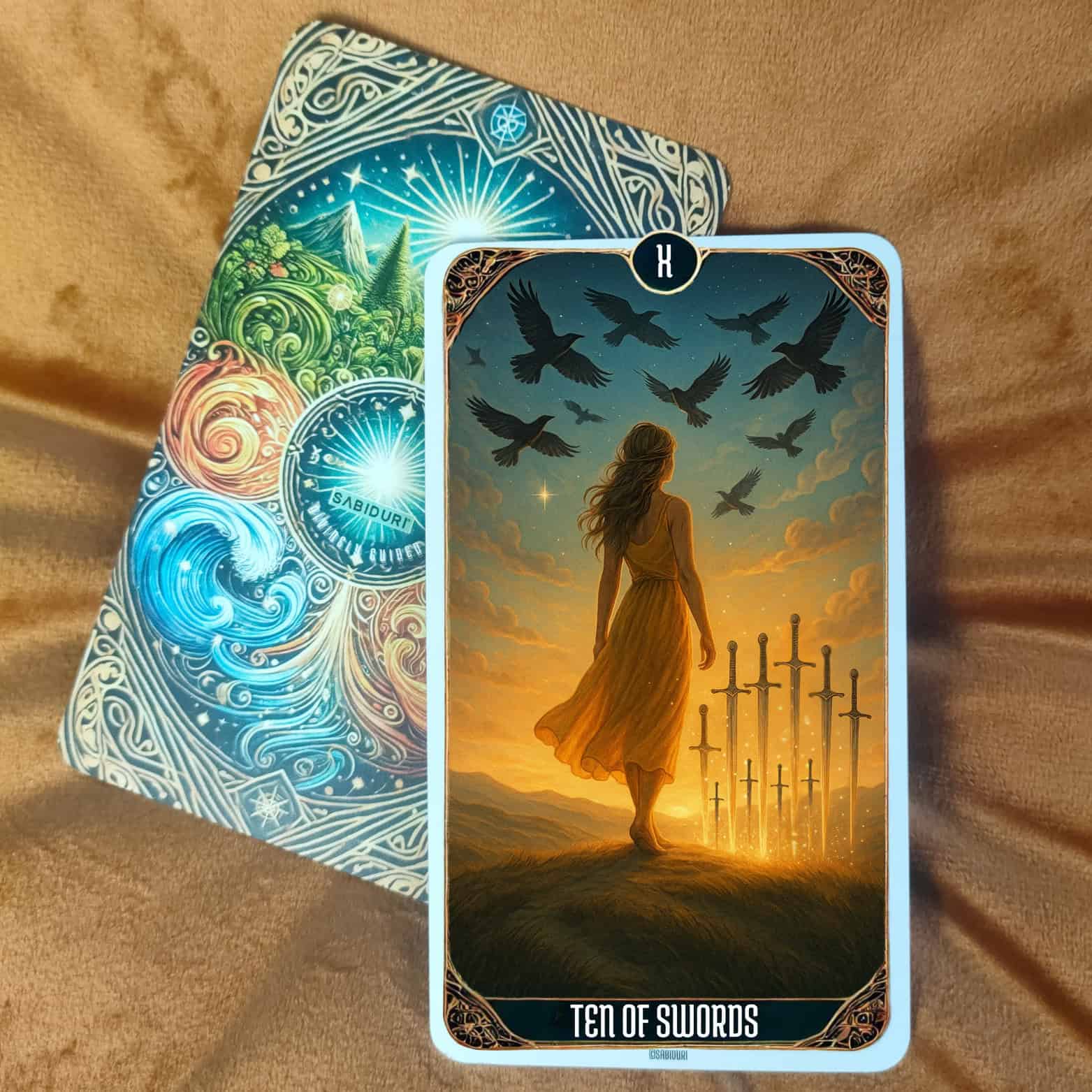 “Ten of Swords tarot meaning upright card with a woman facing the sunrise and ten swords in the ground, symbolizing endings, truth, and transformation.”